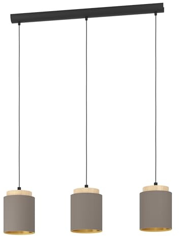 EGLO Pendelleuchte Albariza, 3-flammige Hängelampe Vintage, Hängeleuchte | aus Stahl, Holz und Textil in Schwarz, Natur, Cappuccino, Gold, Esstischlampe, Wohnzimmerlampe hängend mit E27 Fassung