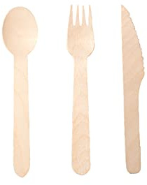 300 Cubiertos desechables de madera. Biodegradables y compostables. 100 x tenedores, cuchillos y cucharas de 165 mm.
