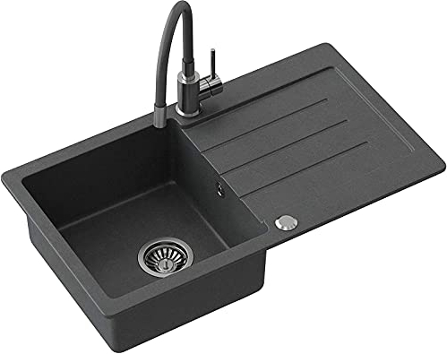 VBChome Granitspüle Schwarz 77 x 44 cm mit Armatur & Siphon – Einbauspüle Einzelbecken gesprenkelt reversibel für Küche, hitzebeständig, kratzfest, mit Abtropffläche