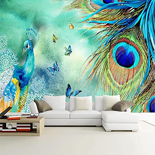 XTSWallpaper Tapete Fototapete 3D Effekt 200X100Cm Blau Pfau Federn 3D Selbstklebendes Tapetenbild Abnehmbar Wandtapete Wohnzimmer Pvc Wasserdichte Wandtattoos Wandaufkleber Dekor