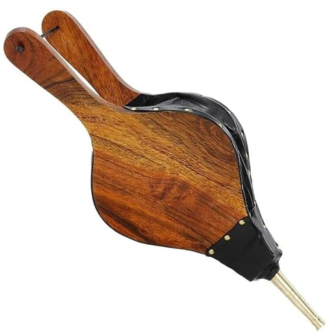 Oakestry Fireplace Bellows Mango Wood Air Pump with Black Leather Accents Brass Rivets and Metal Nozzle Durable Hand Operated Tool for Hearth Fire Pit Wood Burner Bonfire Camping Indoor Outdoor Use