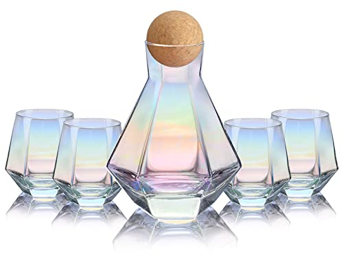 CUKBLESS Wine Decanter And Glasses Set of 4, Diamond Iridescent Wine Carafe With Cork Ball Stopper, Hand Blown Glass, for Wine Lovers