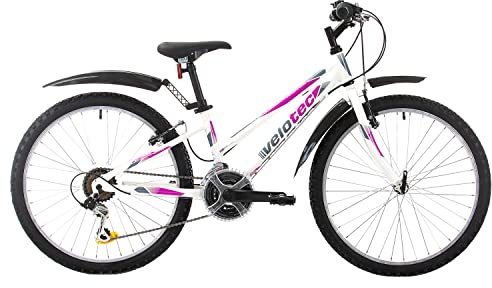 Multibrand Velotec Adventure 24 tum Mountainbike i aluminium, 18 växlar, V-broms, flickcykel, lämplig för 130–160 cm (Vit med rosa och lila)