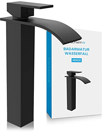 Bächlein Badarmatur Tamina hoch in Wasserfall-Design, extra hoher Einhebelmischer mit Montage-Set für Aufsatzwaschbecken, Bad Wasserhahn Matt Schwarz