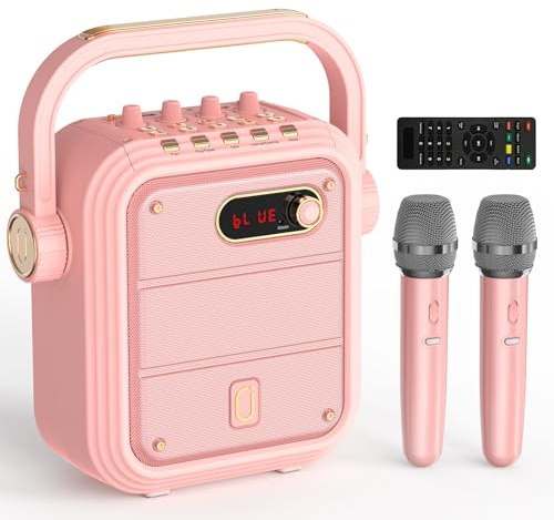 JYX Karaoke Machine with 2 Wireless Microphones, RGB Light PA System with Treble/Bass, Bluetooth Speaker Supports Live Broadcast/Monitoring/Sound Effects, Suitable for Adults (TX02-PINK)
