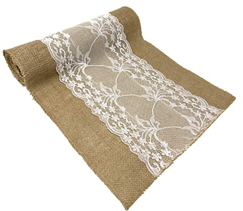Oblique Unique® Jute Tischläufer mit Spitze Tischband Tisch Läufer Naturfarben 270 cm x 30 cm Tischdeko für Geburtstag Party Hochzeit Garten Party Deko