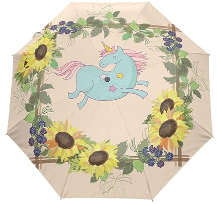 Sonnenblumen Blühen EIN Einhorn Niedlich Regenschirm Taschenschirm Kinder Jungen Mädchen UV-Schutz Auf-Zu Automatik Umbrella Verstärkt Winddichte Zusammenklappbar