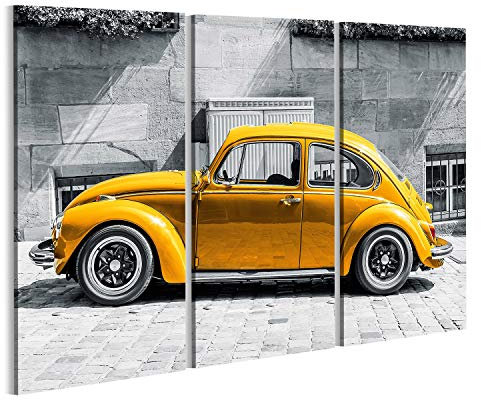 Prime Bild auf Leinwand Käfer Vintage Beetle Gelb vor Schwarz Weißem Hintergrund Wandbild, Poster, Leinwandbild MRR