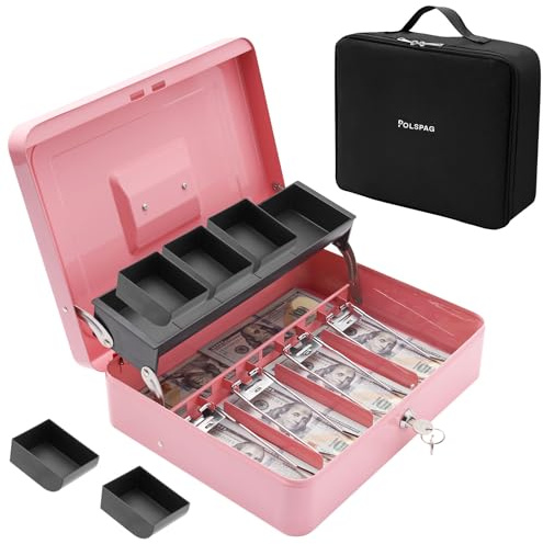 Polspag Cash Box with Bag, Metal Money Box with Money Tray, Large Locking Cash Boxes with Lock, Deluxe Lock Safe Box, Portable Cash Box with Adjustable Coin Box, 4 Bill 5 Coin Slots, 2 Keys, Pink