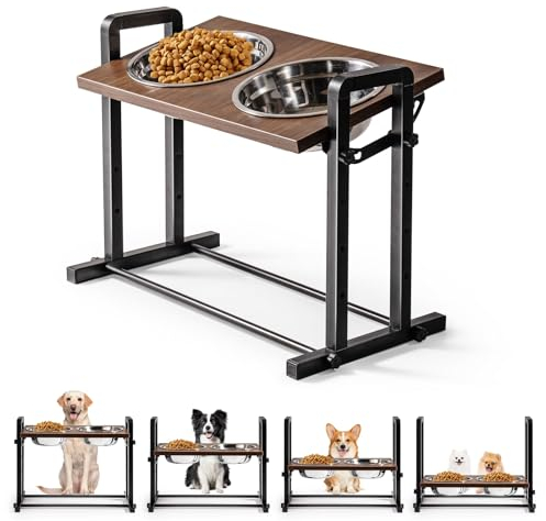 MEWOOFUN Raised Dog Bowl for Large Medium Size Dogs 4 Height Adjustable - Sturdy Wooden Raised Dog Bowls with 2x1200ml Stainless Steel Bowls (XL)