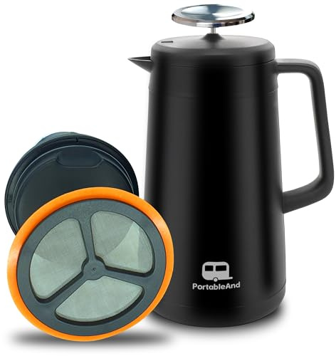 PortableAnd 34oz Double Vacuum Insulation Large Silicone French Press Coffee Maker with Silicone Ring, Stainless Steel, Perfect for Camping, Travel, and At-Home Use (Matte Black)