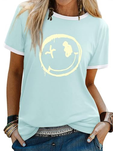 WIEIYM Tshirt Damen Rundhals Kurzarm T-Shirts Sommer T Shirts Brief Leichtes Shirt Gedruckt Lässig Tee Shirts Oberteile Tops Bluse,Himmelblau,M