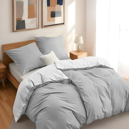 Dreamzie - 2 påslakan 135x200 cm med 2 örngott 80x80 cm - Ljusgrå/Vit - 135x200 Bäddset i 100% mikrofiber - 4 delar - Certifierad kemikaliefri (Oeko TEX)