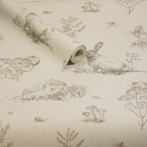 Country Walk Natural Wallpaper - Naturistic Insects Floral Meadow Mushrooms - Stylish Feature Wall