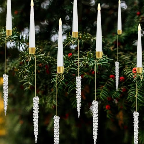 JOIONE Christmas Tree Candles with Hooks & Remote - 12 Pack LED Flickering Flameless Candles with Timer for Christmas Tree Decor - Acrylic Icicles Hook