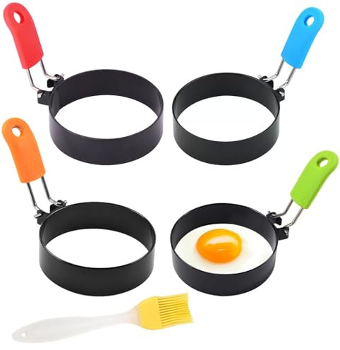 4-Pack Non-Stick Egg Rings for Frying with1PCS Brush- Stainless Steel Egg Rings, Perfect for Fried Eggs, Pancakes, Breakfast Sandwiches, Easy to Use and Clean, Heat Resistant Handles