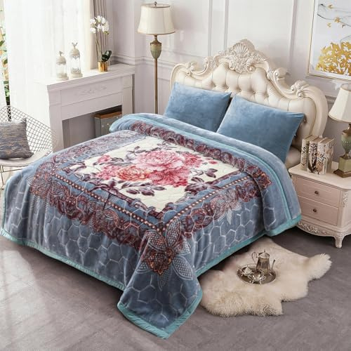 JML, Fleecedecke im koreanischen Stil, King-Size (ca. 221×239 cm), 4,8 kg, schwere Raschel-Decke für den Winter, 2-lagig, floral bedruckt, seidig weich, dick und warm (Pfingstrose, Grau-Blau)