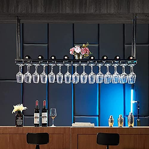 BGFYUSF Portabottiglie, portabottiglie da soffitto, Altezza Regolabile, portabicchieri da Vino in Ferro a Parete, ripiano per calici Neri per Bar ristoranti cucine (Nero)
