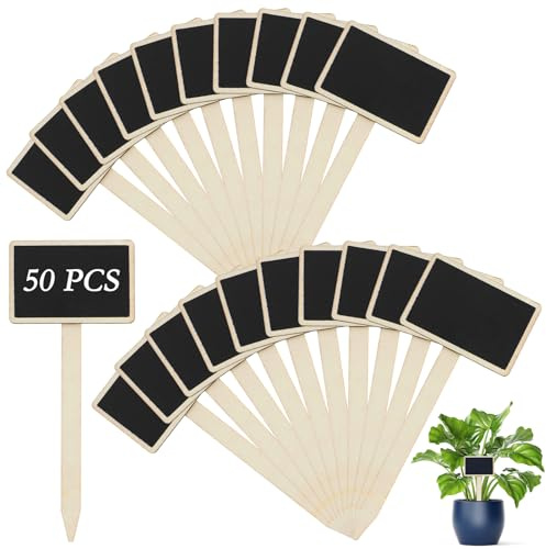 50 Pcs Plant Labels with Marking Pen, KUAOOAUK Wooden T-Type Chalkboard Plant Markers, Mini Garden Plant Tags for Herbs Seed Seedling Vegetables Flowers Potted Gardening Gifts | Easy to Write Reusable T-Shape Stake Design Wood Stakes,for Herbs Seed Seedling Vegetables Flowers Potted Gardening Gifts