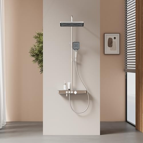 EMKE Thermostatische Duschsäule, Regendusche und Handbrause, höhenverstellbar 816-1146 mm, verchromt, Duschset mit Glasablage, 1146 x 450 x 480 mm
