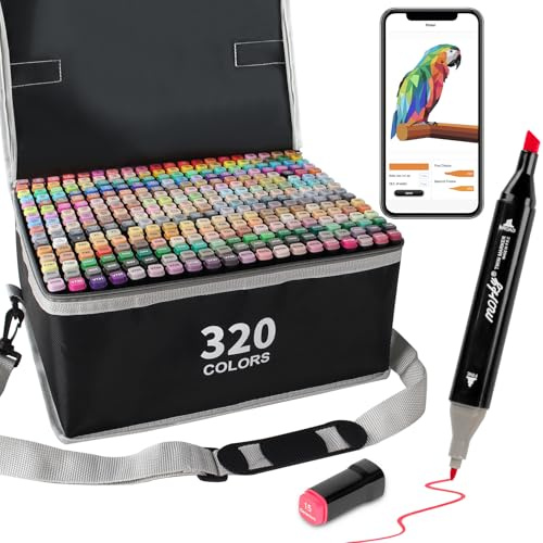 AEDAGA 320 Couleurs Feutre a Alcool avec App, Marqueurs à Doubles Pointes | Biseautée + Fine | Non Toxique | Séchage Rapide | Mélangeable | Twinmarkers Coloriage Adulte pour Peinture, Croquis, Dessin