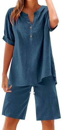 2025 Tuta Donna Estiva Elegante Curvy Completo Di Lino 2 Pezzi Estivo Completa Casual Set Camicia e Pantaloncini Cotone Completi Leggera Comodi Taglie Forti Tinta Unita Tute da Spiaggia Lavoro Vacanza