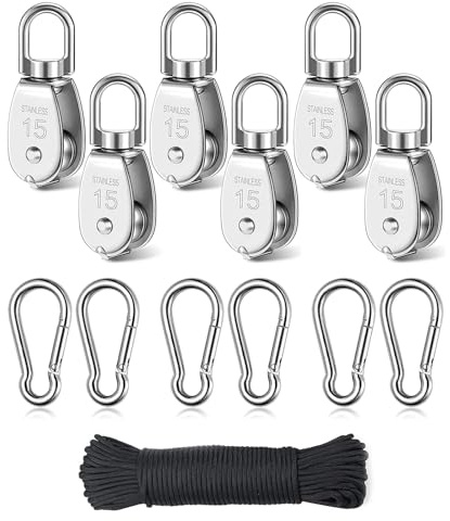 12 Stück M15 Umlenkrolle, 6 Stück Umlenkrolle M15 & 6 Stück Karabiner M4 mit 30M Nylonseil, Edelstahl Umlenkrollen für Drahtseile Seile Bis 6mm Durchmesser, Tragkraft 35kg Rolle für Seilwinde
