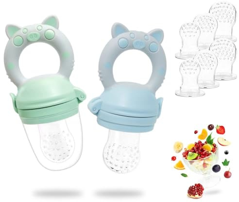 RIGHTWELL Comedero de frutas para bebés, paquete de 2 chupetes de dentición con 3 tamaños de pezones de silicona suave, comedero de alimentos para bebés, sin BPA y perfecto para calmar las encías