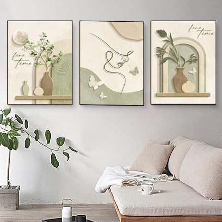 Xiyocadt 3-teiliges Poster Set Moderne Poster Set, Beige Pastell Bilder,mit Pampasgras, Blüte, für Schlafzimmer, Wohnzimmer, Wanddeko, Abstrakte, Kunst, ohne Bilderrahmen (50x70cm,Grün)