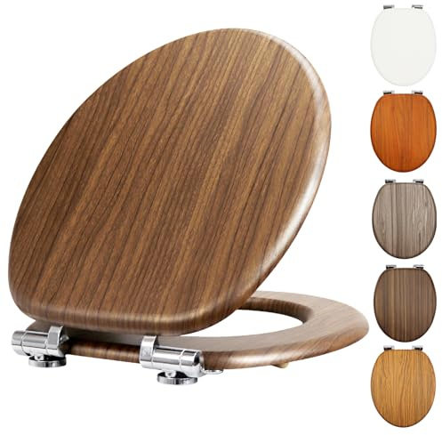 Fanmitrk WC-Sitz mit Absenkautomatik, MDF-Holzkern in Eiche-Optik, Verstellbare Scharniere, Befestigung von unten, Robust & Pflegeleicht, Oval 43,5 x 37,3 x 5,5 cm (Ahorn)
