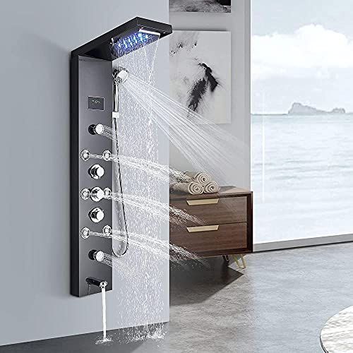 SnamicE Panneau de douche de salle de bain tour LED affichage de la température du corps jets de massage Ensemble de douche cascade pommeau de douche pluie 6 fonctions Affichage de la température