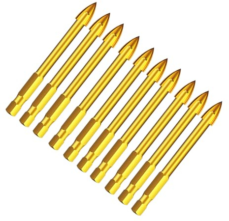 Unifizz Juego de 10 brocas de tungsteno de 5 mm, brocas de carburo, vidrio, cerámica, cabeza de lanza en cruz, color dorado