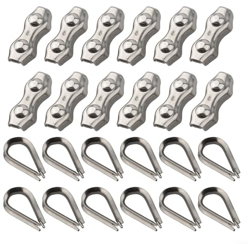 Jotekonoby Kit de clips de câble en acier inoxydable 304 – 12 pinces duplex et cosses de câble métallique pour M2 M4 M5, serre-câble de qualité marine pour la construction, les navires, ()