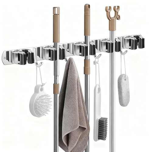 Ai-Yong Heng Wandhalterung Besen & Gartengeräte: Edelstahl Besenhalterung Wand mit 5 Klemmen + 4 Haken - Selbstklebend oder Bohren - Organizer für Garage, Garten, Haushalt.