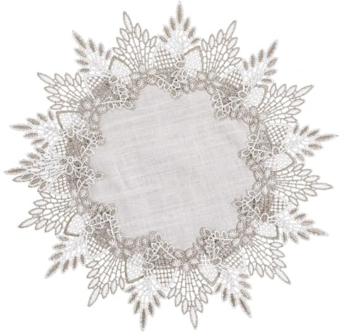 2 Stück Leinen Runde Tischdecke, Tischdecke Klein 38×38 cm Vintage Spitzendeckchen Bestickte Tassenmatte Neutrale Erdtöne Beige Tischauflage für Zuhause Küche Esszimmer Couchtisch Kommode