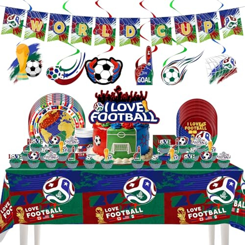 Onperpoe Juego de decoración de fiesta de fútbol de 92 piezas, papel de colores, mantel de fútbol y decoración de fútbol, para el Mundial 2026, apto para todas las ocasiones y grupos de edad