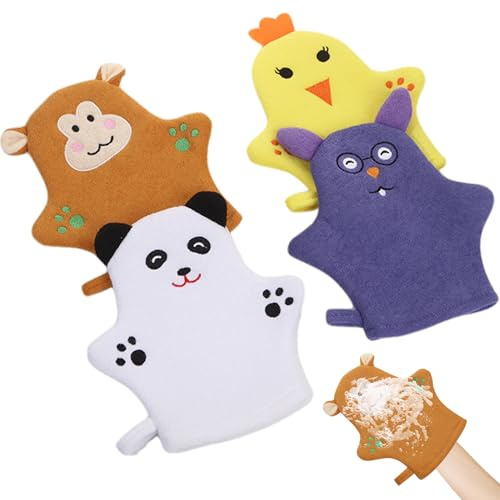 4 guantes de toallitas para bebé, lindo guante de animales, incluye oso de dibujos animados, pollito, mono, ratón, guante exfoliante para niños pequeños, baño y ducha, decoración de jardín