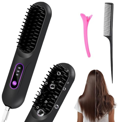 Kabellose Haarglätterbürste, 2026 Neu Mini Glätteisen Haarglättungsbürste, Straightener Brush mit 3 Temperaturen, Haarglätter Bürste, Glättungsbürste 10S-Schnellaufheizung für Haarstyling (Schwarz)