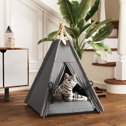 HOMELEN Tipi-Zelt für Katzen & kleine Hunde (bis 5 kg), mit waschbarem Kissen, rutschfestem Boden & stabilem Kiefernholzrahmen – Grau, 60x60x76 cm