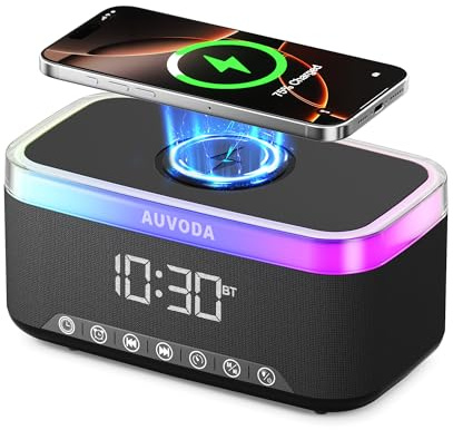 Auvoda S300 Bluetooth Speaker with Wireless Charging & LED Lights | 16 W Stereo, TWS Pairing, BT 5.3, Wake-Up Function, TF & AUX Inputs, 3600 mAh Battery, for Home, Office & Bedroom