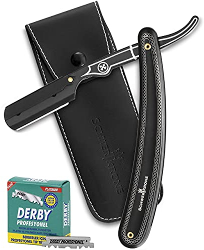 Schwertkrone Rasiermesser schwarz Premium Edelstahl mit 100 Derby Rasierklingen und Etui