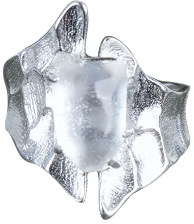 NicoWerk Ring Silber 925 Damen – Breiter, gehämmerter Silberring Damen 925 Silber mit Bergkristall, verstellbar, Schmuck mit Stein für Frauen - SRI778