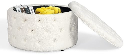 Homebeez Runder Ottomane aus Kunstfell, mit Knöpfen, getuftete Fußstütze, Hocker, Bank, Couchtisch für Wohnzimmer, Weiß