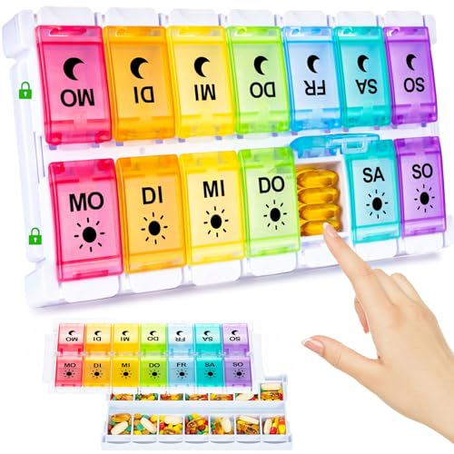7 Day Pill Organiser 2 Times A Day, Weekly Pill Box Push Button 2 in 1 Design, Large Tablet Box for Travel, BPA Free Daily Pill Case, Pill Boxes 14 Day for Vitamin/Fish Oil/Supplements/Medication