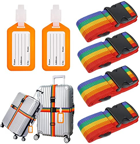 JETOP 4 Pcs Luggage Straps, Adjustable Personalised Suitcase Straps with 2 Pcs Luggage Tags