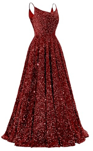 Sparkly Sequin Prom Dresses for Women Aline Spaghetti Straps Evening Formal Gown Square Neck Ball Gowns with Pockets Burgundy 6