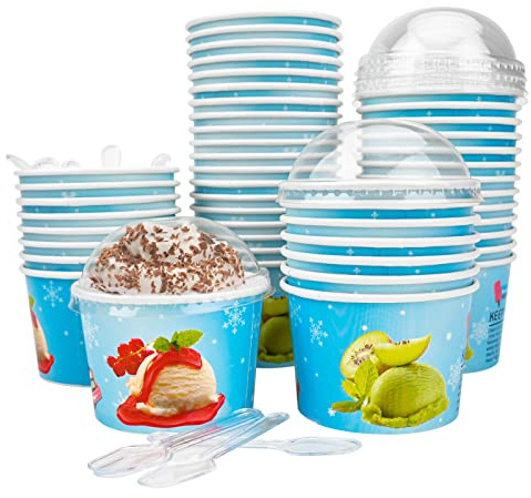 Envase para Copa de Helado,50 Piezas 4oz Resuable Papel Helado Tubos Sopa Recipientes con 50 Piezas Tapas y Cucharas,Helado Tazones Postre Tratar Tazas para Helado Helado Yogur Sopa Pastel (Azul)
