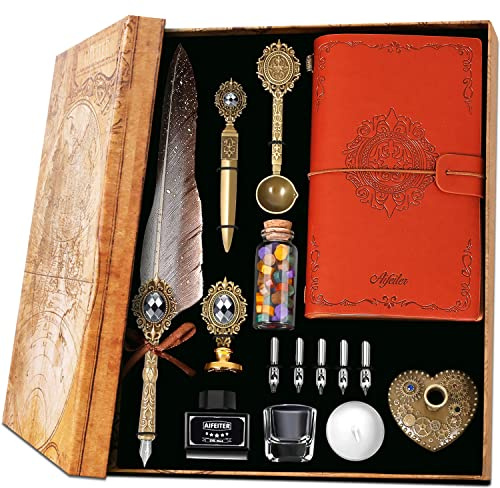 MPRINCE Feather Pen Ink Set,Includes Quill Pen,Notebook,Ink,5 Replaceable Nibs,Pen Holder,Cup,Seal Stamp,Spoon,Wax Bead,White Wax,Envelope & Letter Paper Etc-Grey