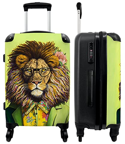 NoBoringSuitcases.com® Koffer groß Trolley Rollkoffer Reisekoffer mit 4 Rollen Fotokoffer - Löwe - Mensch - Tier - Brille - Blumen - 67x43x25cm - 90 Liter