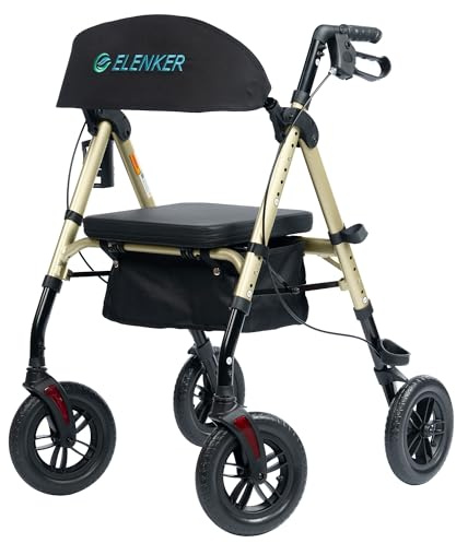 ELENKER All-Terrain Rollator Walker with 10” Non-Pneumatic Wheels, Sponge Padded Seat and Backrest, Fully Adjustment Frame for Seniors, Champagne